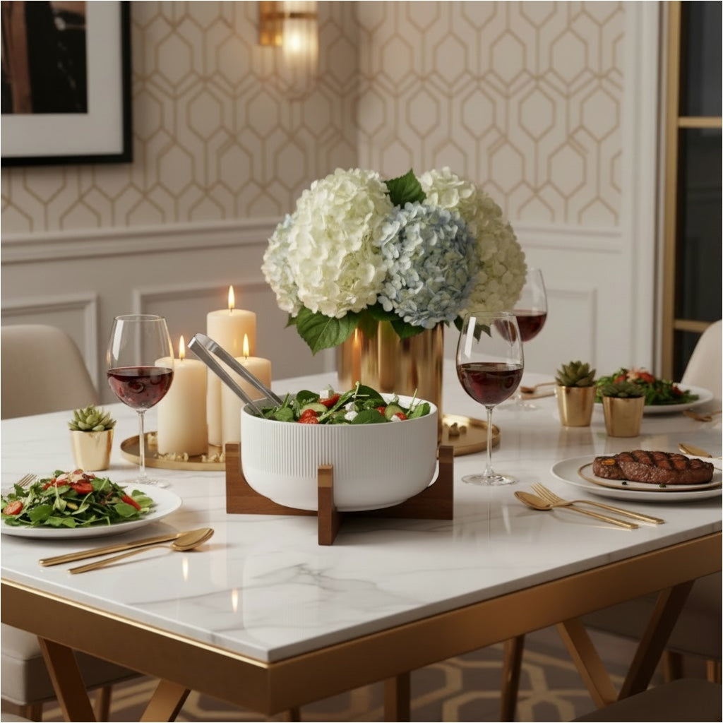 Elevated Salad Serving Bowl with Wooden Stand– Elegant Centrepiece (22.3cm)