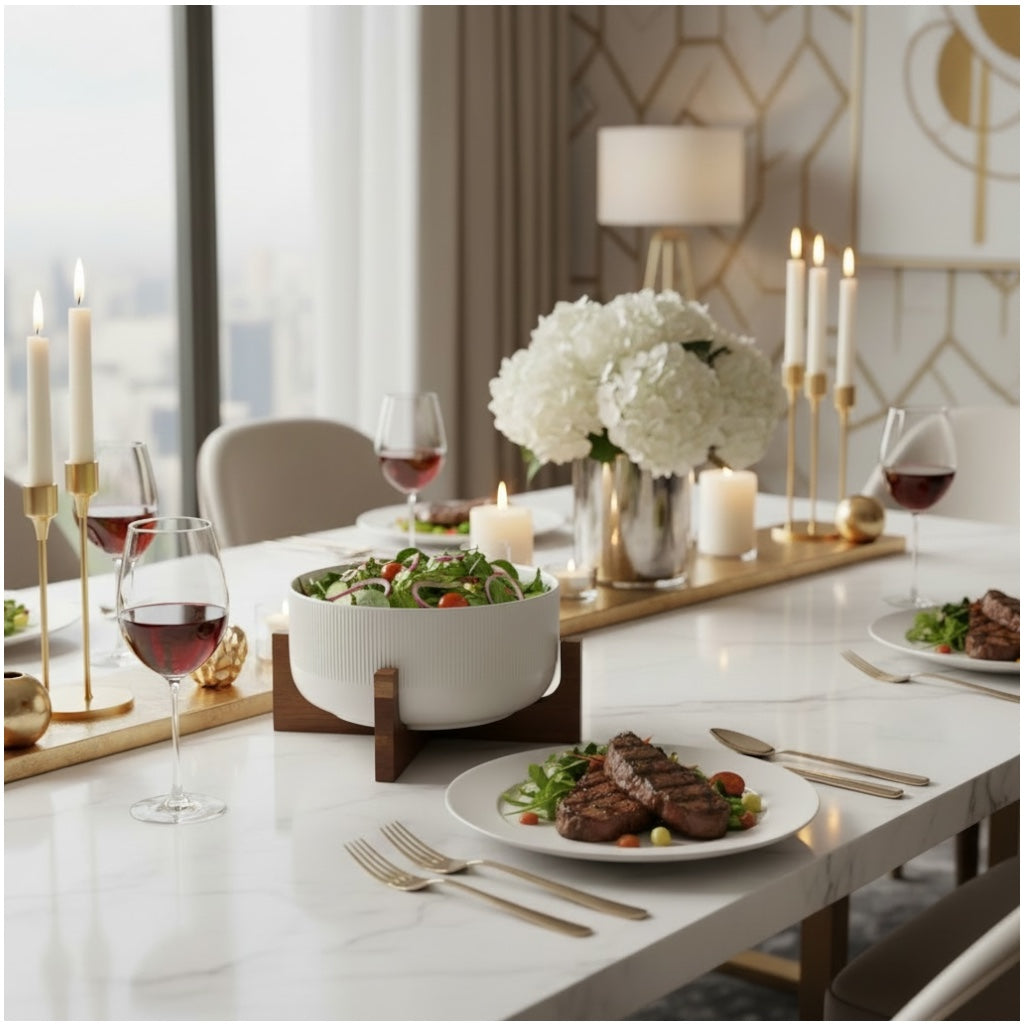 Elevated Salad Serving Bowl with Wooden Stand– Elegant Centrepiece (22.3cm)
