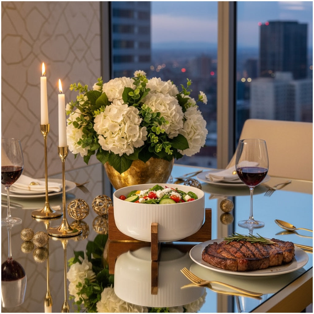 Elevated Salad Serving Bowl with Wooden Stand– Elegant Centrepiece (22.3cm)