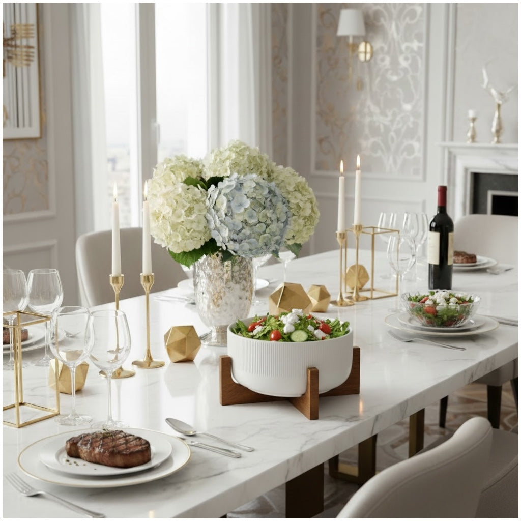 Elevated Salad Serving Bowl with Wooden Stand– Elegant Centrepiece (22.3cm)