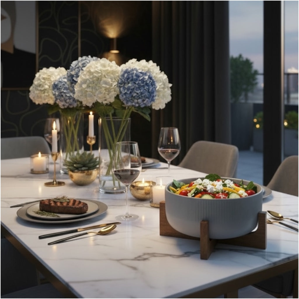 Elevated Salad Serving Bowl with Wooden Stand– Elegant Centrepiece (22.3cm)
