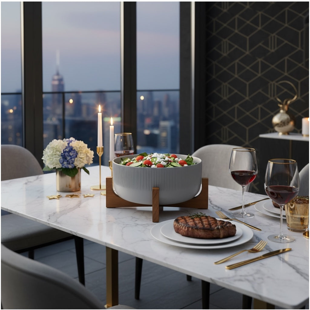 Elevated Salad Serving Bowl with Wooden Stand– Elegant Centrepiece (22.3cm)