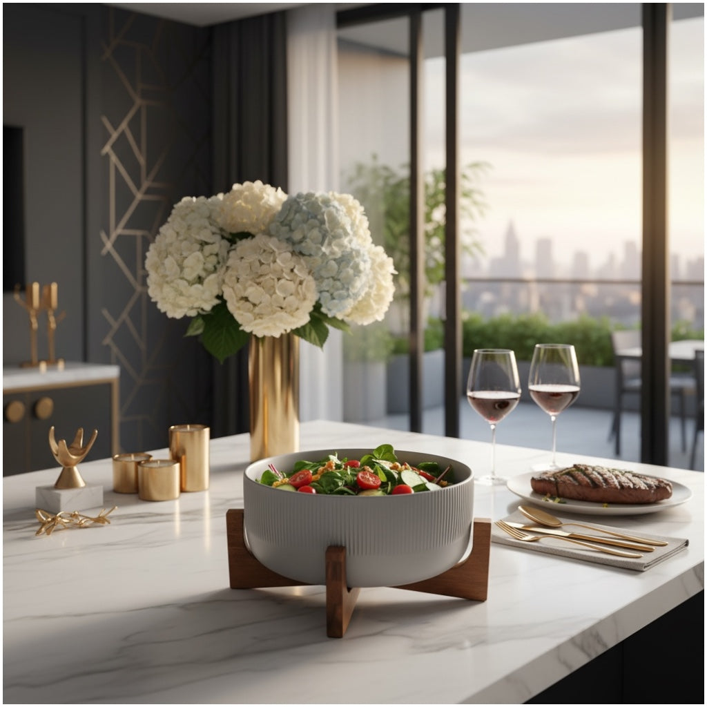 Elevated Salad Serving Bowl with Wooden Stand– Elegant Centrepiece (22.3cm)
