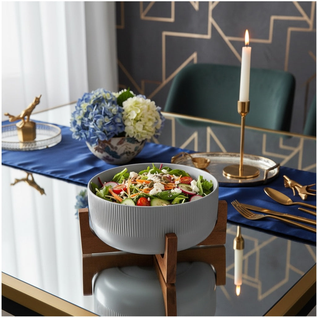 Elevated Salad Serving Bowl with Wooden Stand– Elegant Centrepiece (22.3cm)