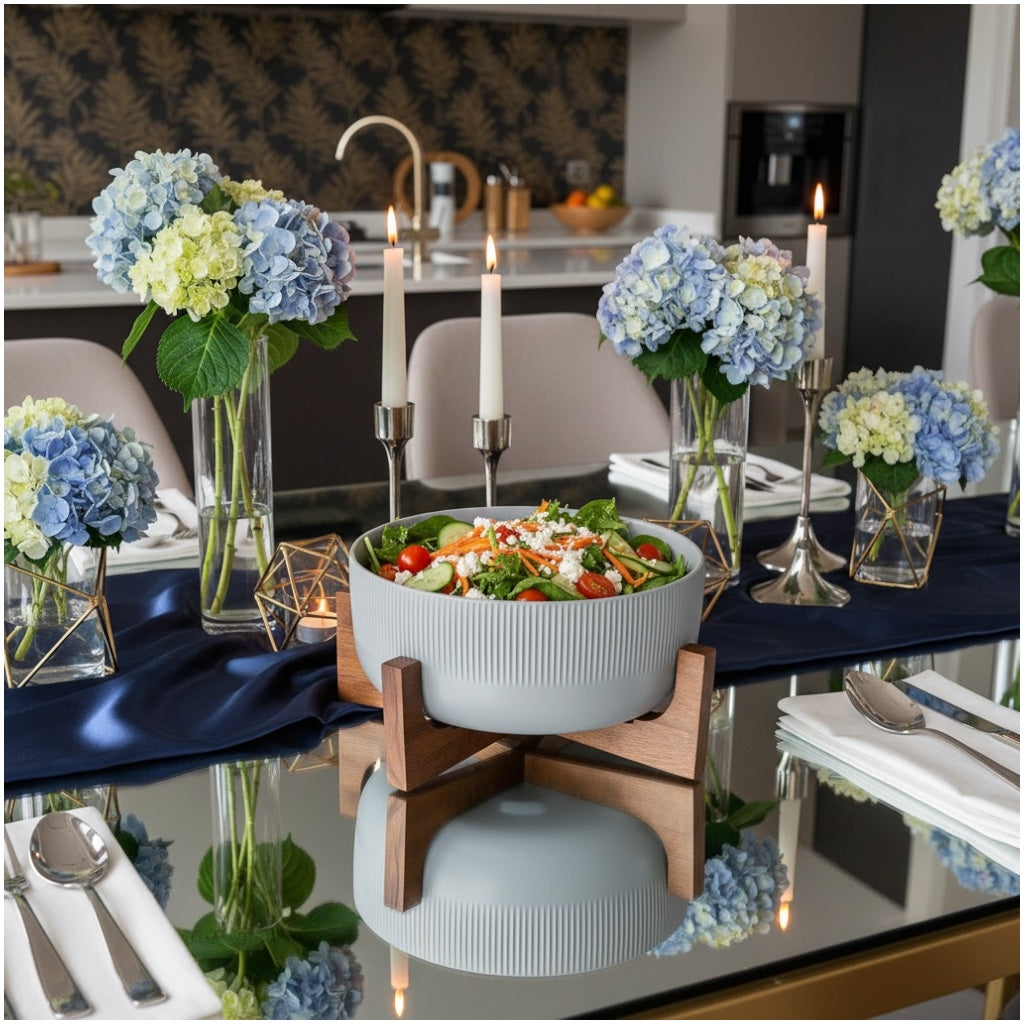Elevated Salad Serving Bowl with Wooden Stand– Elegant Centrepiece (22.3cm)