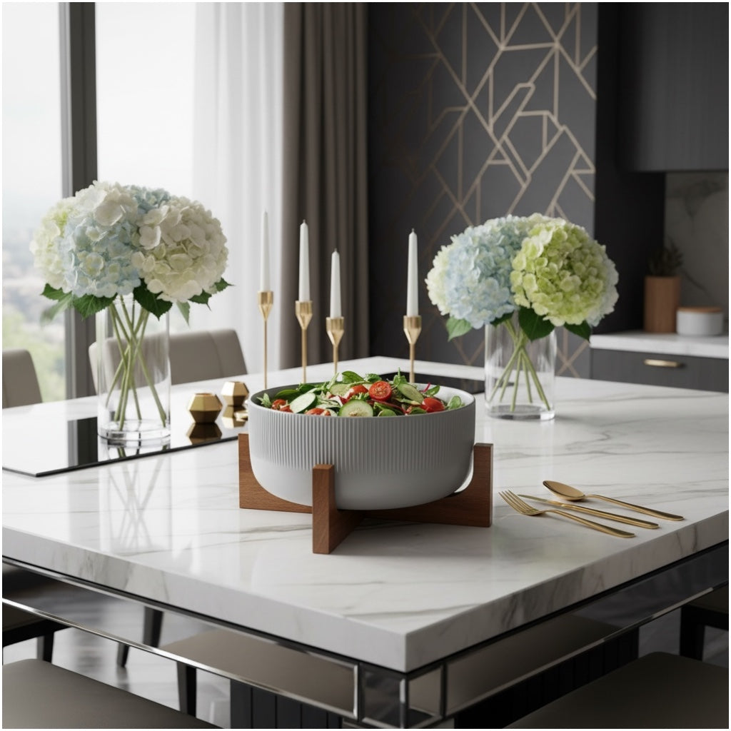 Elevated Salad Serving Bowl with Wooden Stand– Elegant Centrepiece (22.3cm)