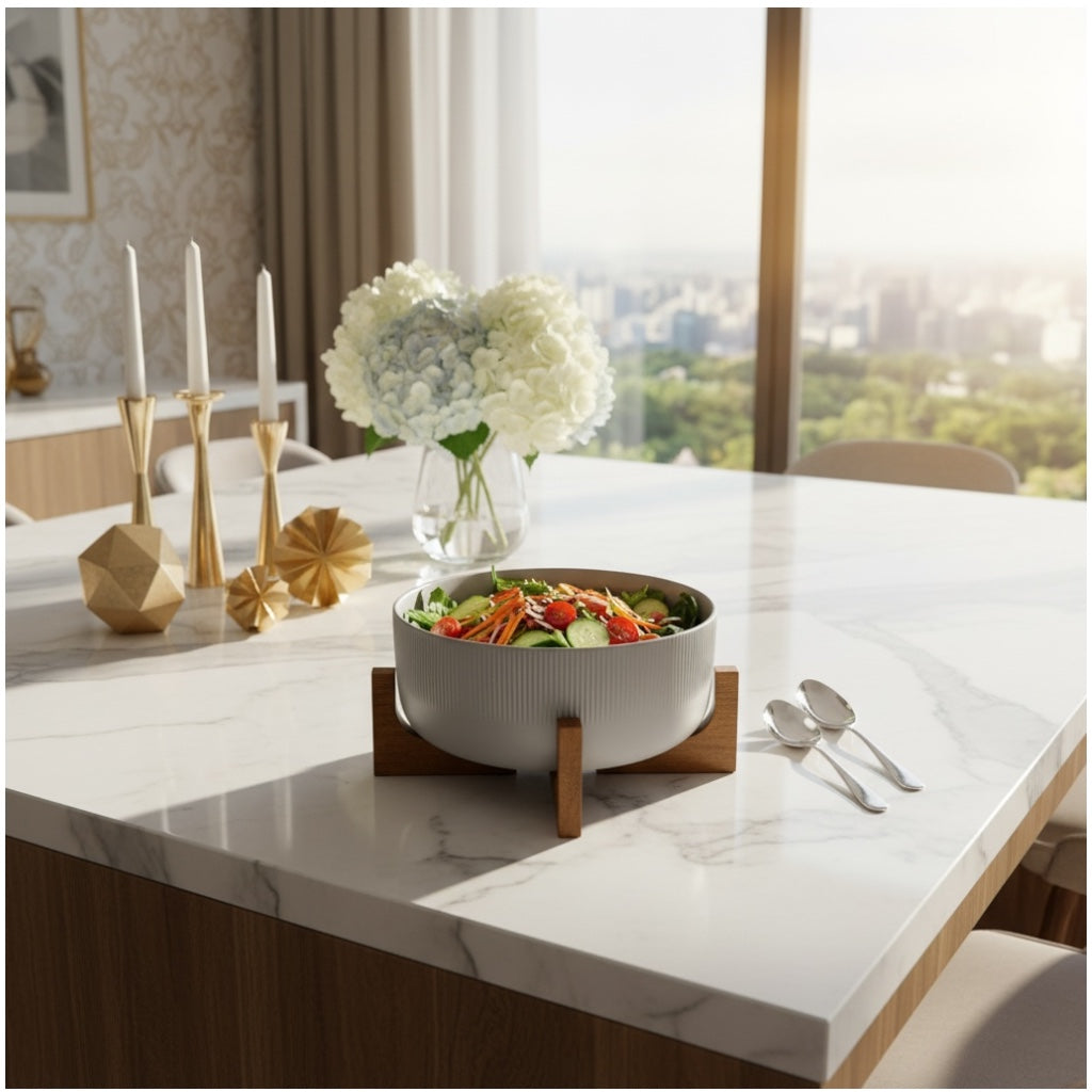 Elevated Salad Serving Bowl with Wooden Stand– Elegant Centrepiece (22.3cm)