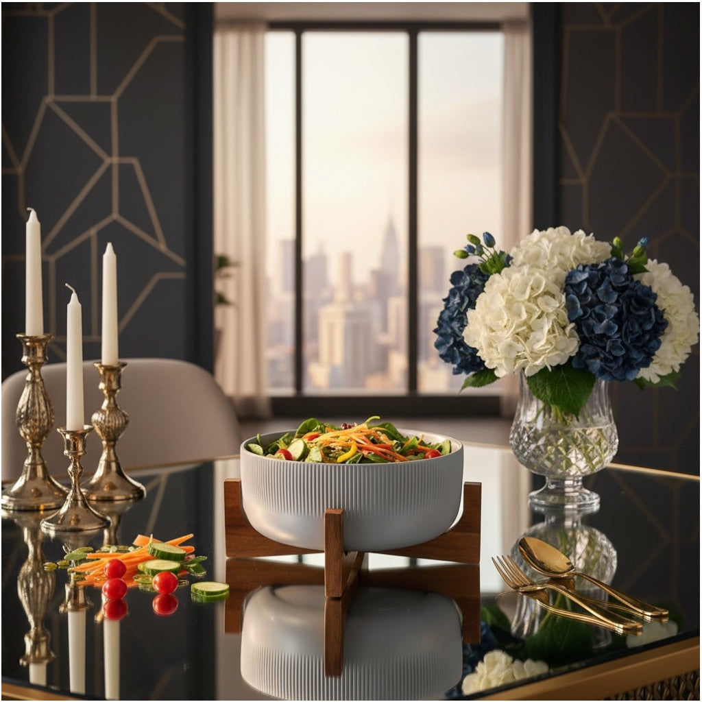 Elevated Salad Serving Bowl with Wooden Stand– Elegant Centrepiece (22.3cm)