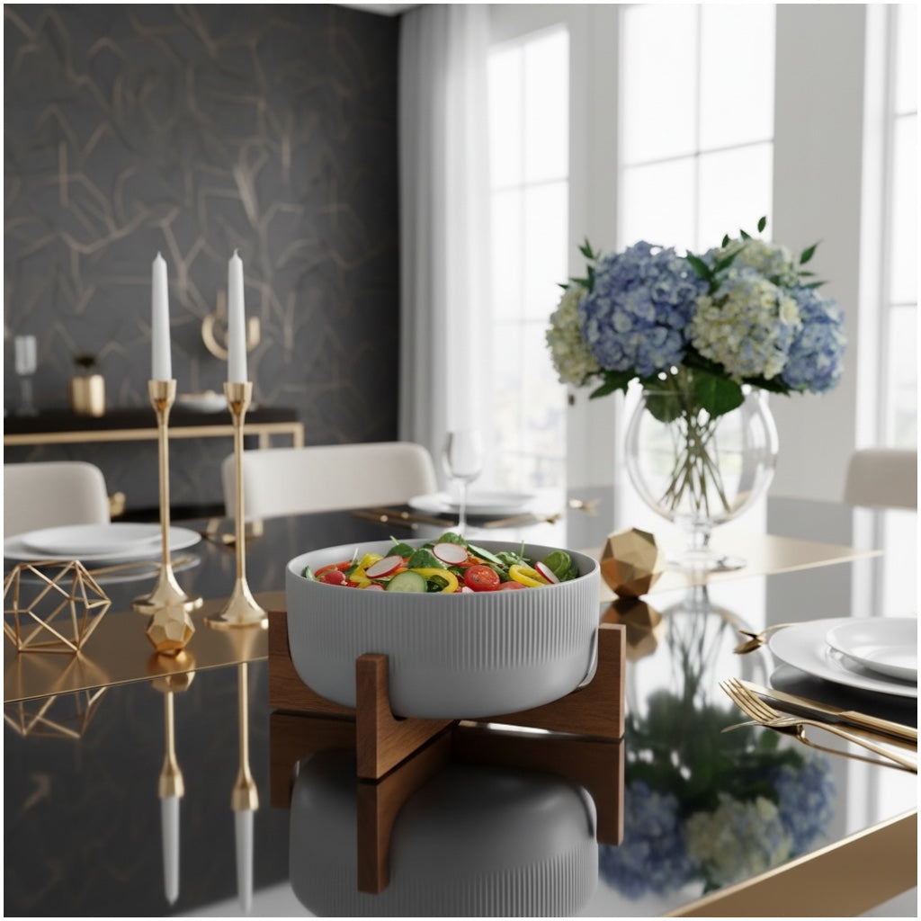 Elevated Salad Serving Bowl with Wooden Stand– Elegant Centrepiece (22.3cm)