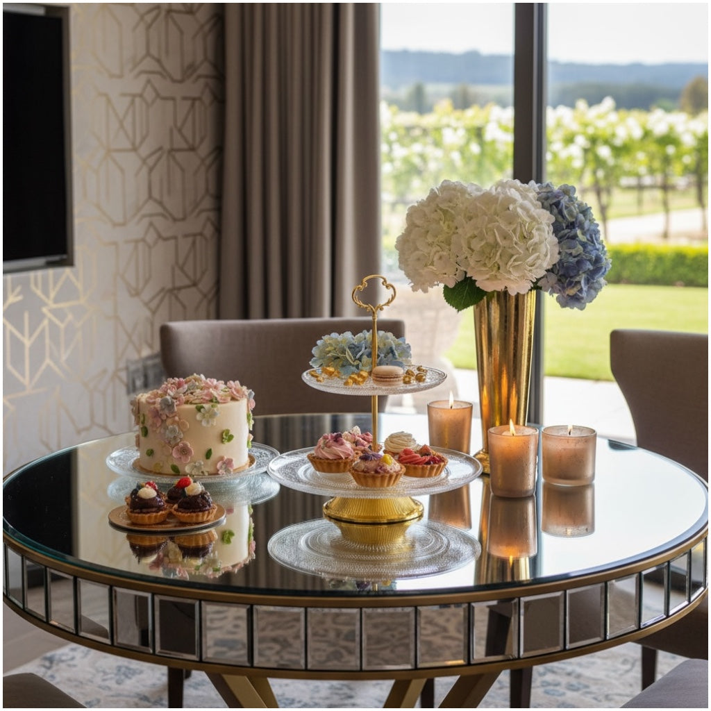 Luxury Gold 2 Tier Glass Cake Stand- Modern Dessert Display 28cm