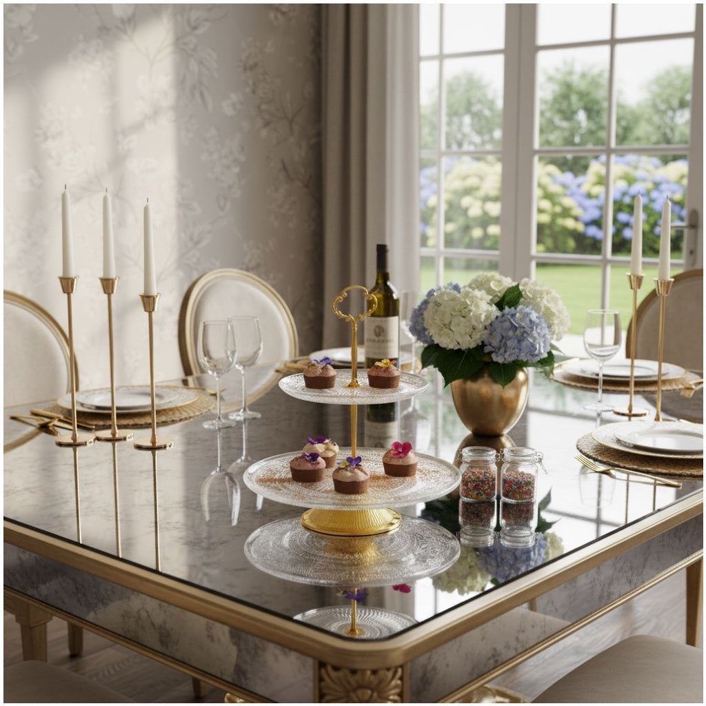 Luxury Gold 2 Tier Glass Cake Stand- Modern Dessert Display 28cm