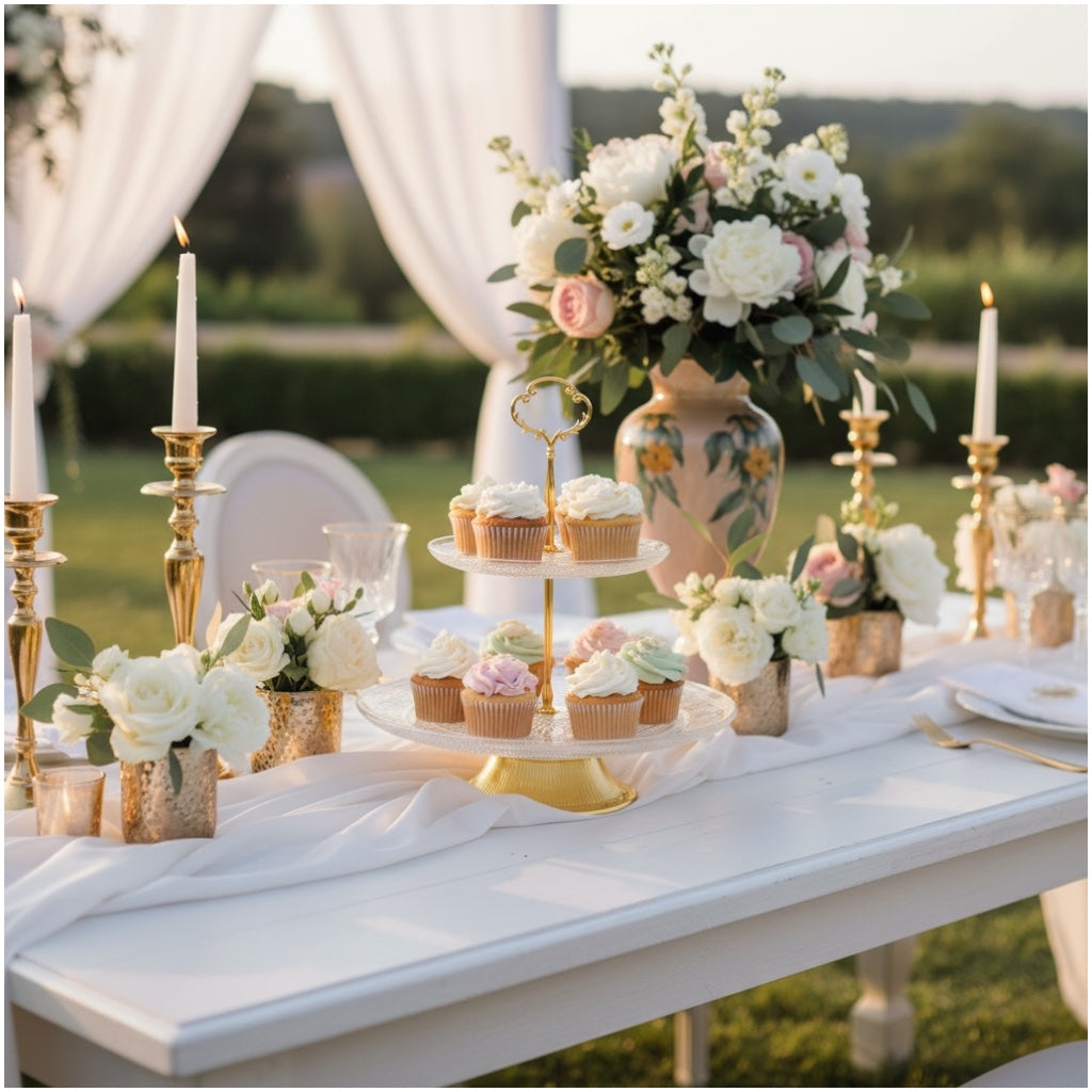 Luxury Gold 2 Tier Glass Cake Stand- Modern Dessert Display 28cm