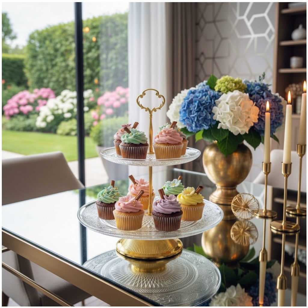 Luxury Gold 2 Tier Glass Cake Stand- Modern Dessert Display 28cm
