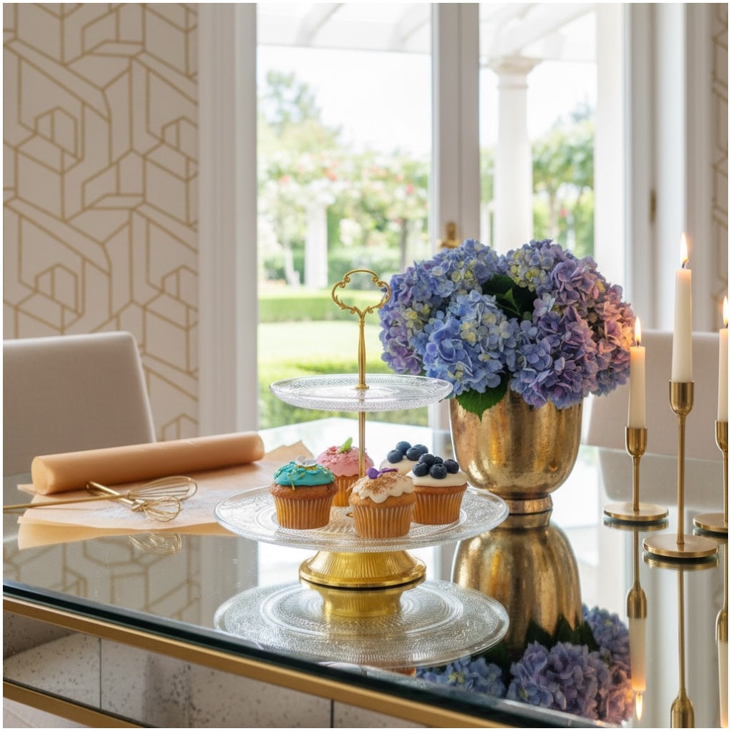 Luxury Gold 2 Tier Glass Cake Stand- Modern Dessert Display 28cm