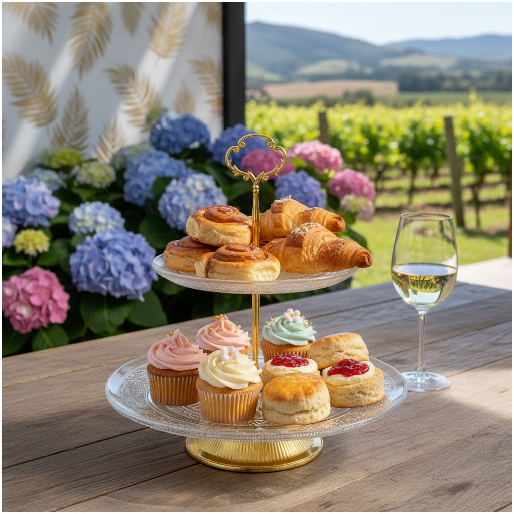 Luxury Gold 2 Tier Glass Cake Stand- Modern Dessert Display 28cm