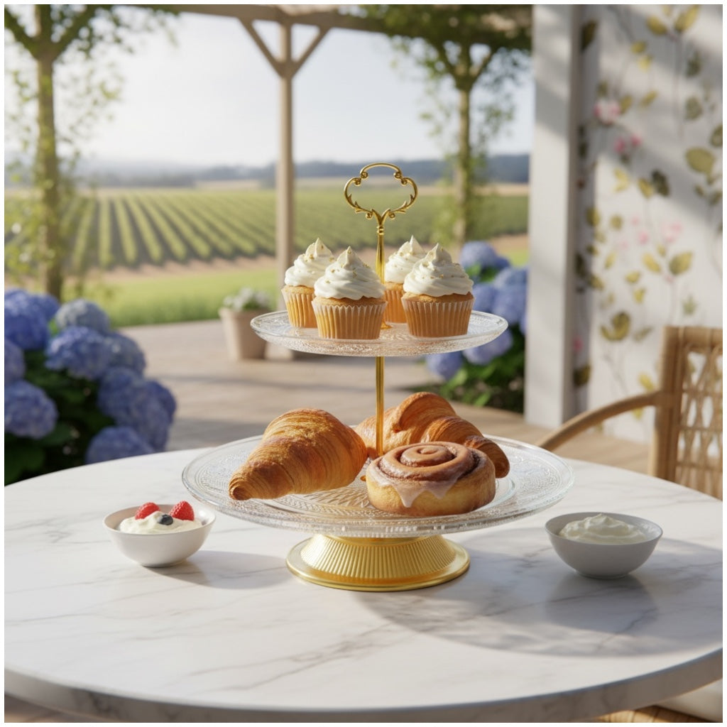 Luxury Gold 2 Tier Glass Cake Stand- Modern Dessert Display 28cm