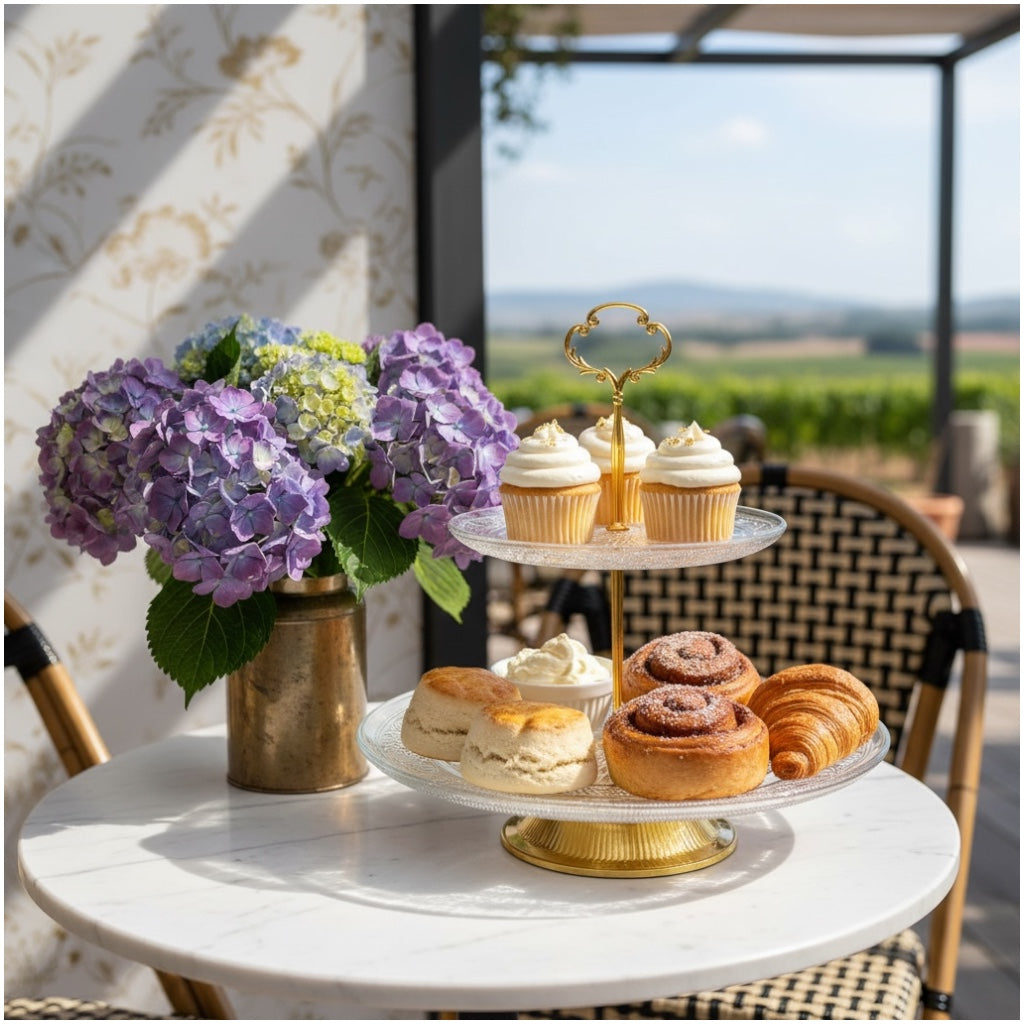 Luxury Gold 2 Tier Glass Cake Stand- Modern Dessert Display 28cm