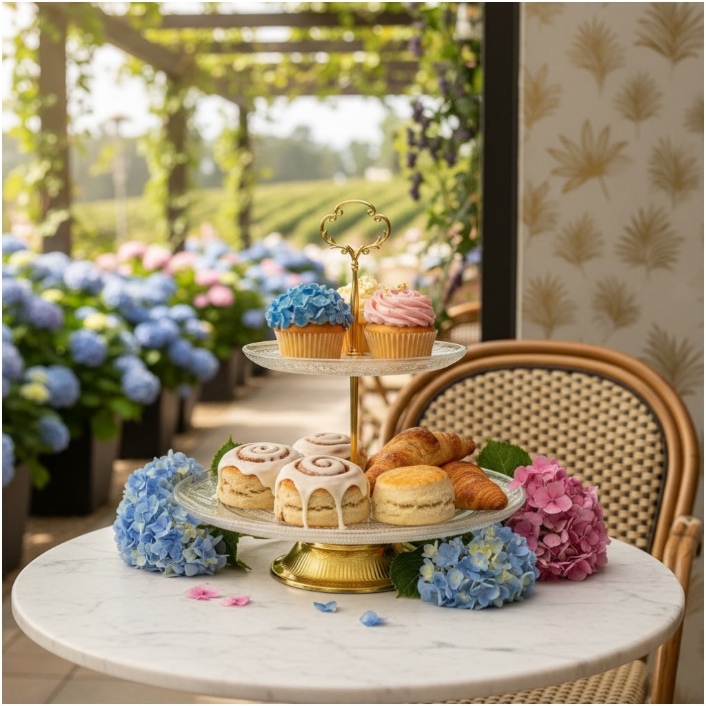 Luxury Gold 2 Tier Glass Cake Stand- Modern Dessert Display 28cm