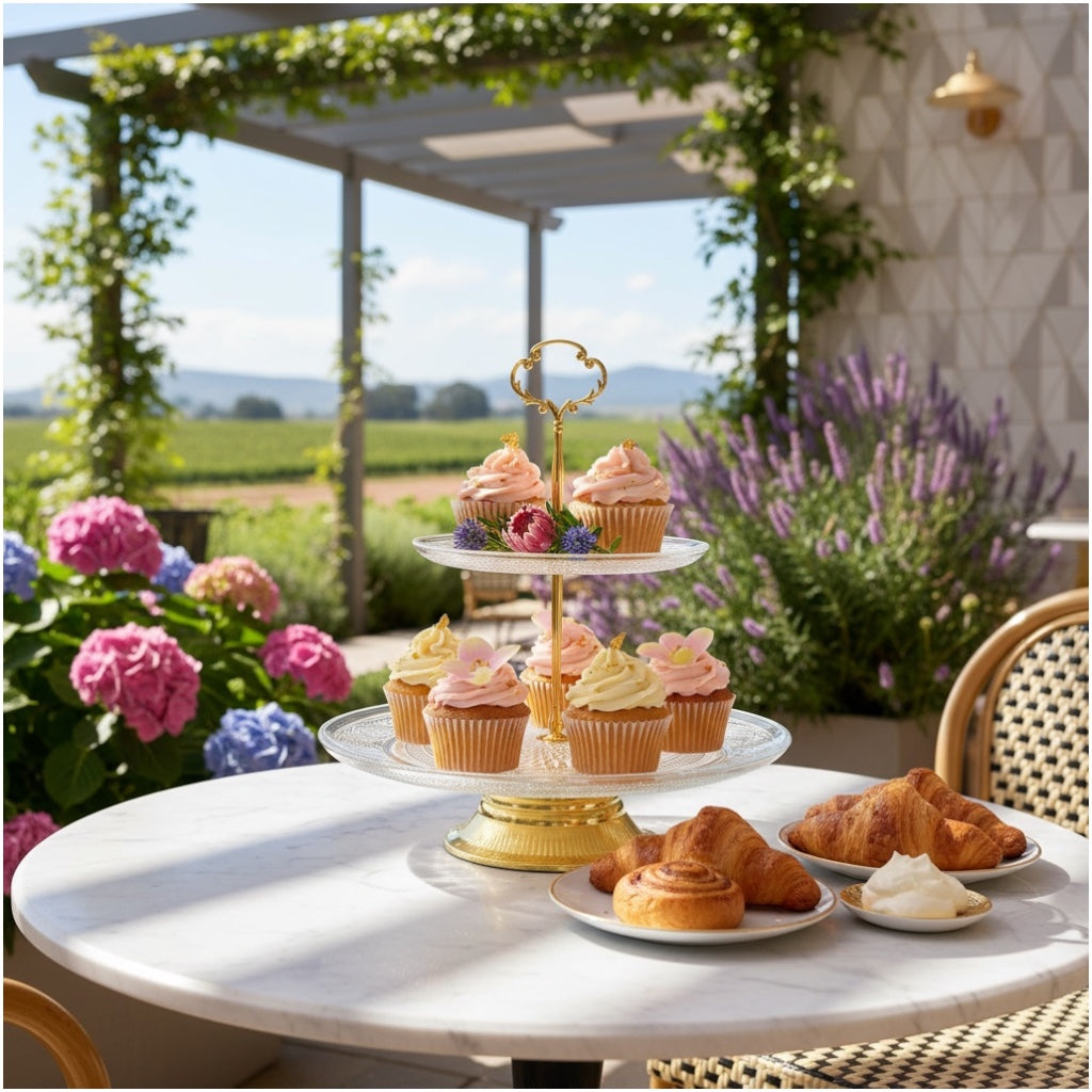 Luxury Gold 2 Tier Glass Cake Stand- Modern Dessert Display 28cm