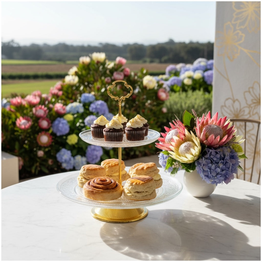 Luxury Gold 2 Tier Glass Cake Stand- Modern Dessert Display 28cm