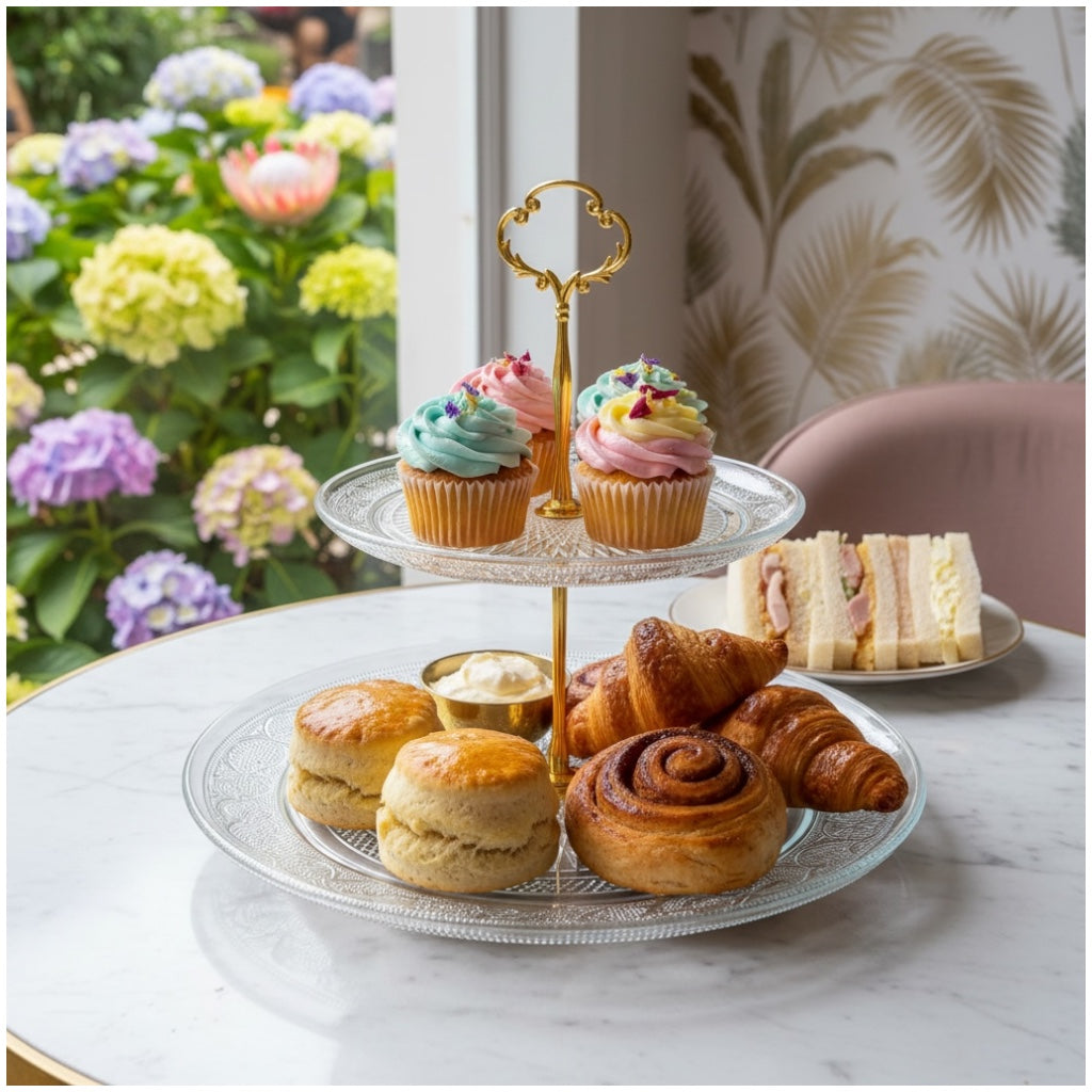 Luxury Gold 2 Tier Glass Cake Stand- Modern Dessert Display 28cm