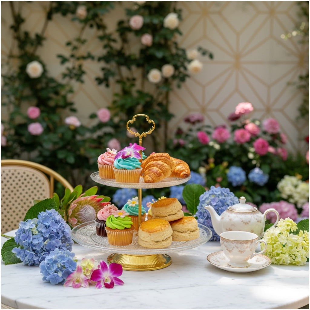 Luxury Gold 2 Tier Glass Cake Stand- Modern Dessert Display 28cm
