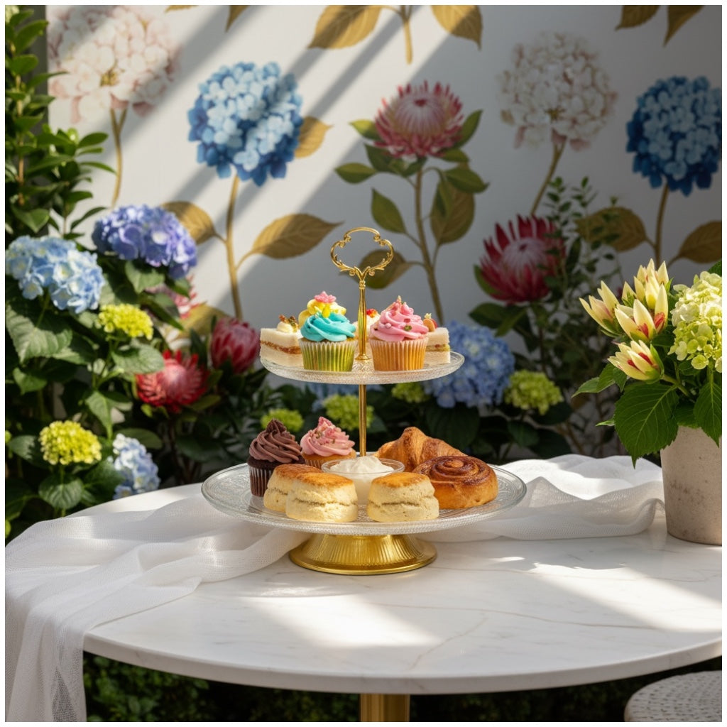 Luxury Gold 2 Tier Glass Cake Stand- Modern Dessert Display 28cm