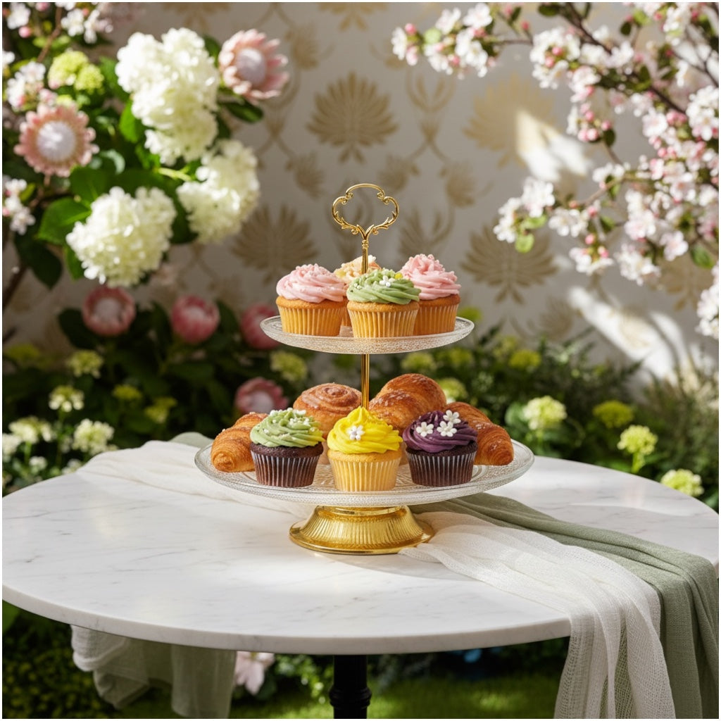 Luxury Gold 2 Tier Glass Cake Stand- Modern Dessert Display 28cm