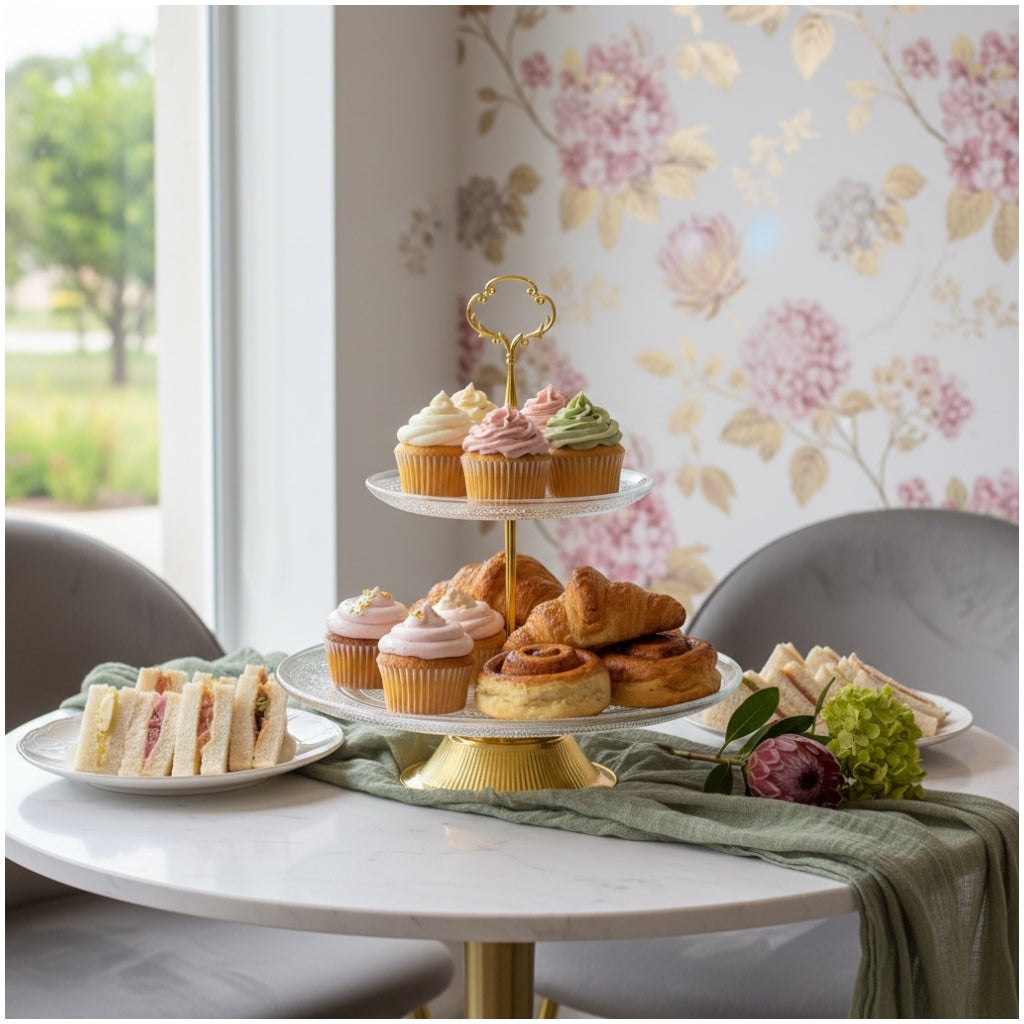 Luxury Gold 2 Tier Glass Cake Stand- Modern Dessert Display 28cm