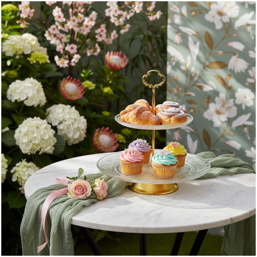 Luxury Gold 2 Tier Glass Cake Stand- Modern Dessert Display 28cm