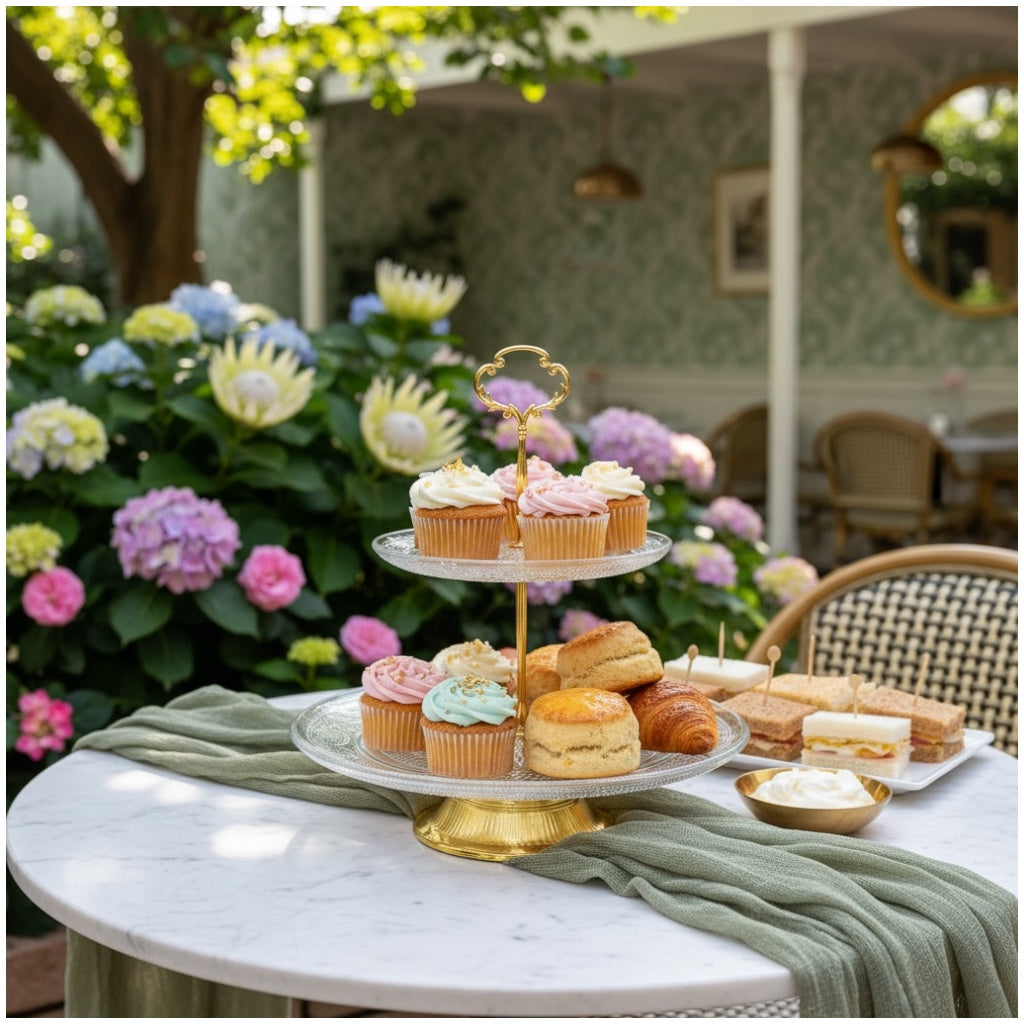 Luxury Gold 2 Tier Glass Cake Stand- Modern Dessert Display 28cm