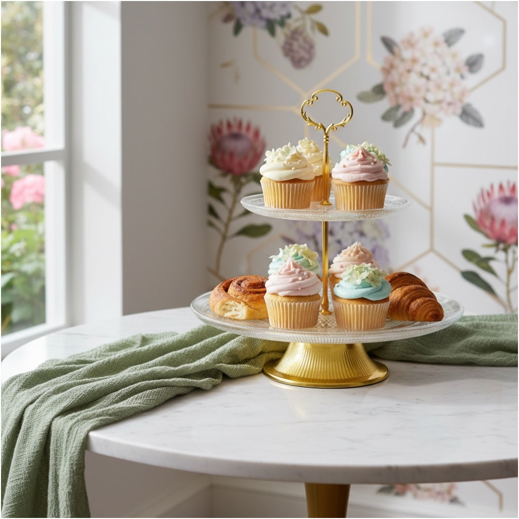 Luxury Gold 2 Tier Glass Cake Stand- Modern Dessert Display 28cm