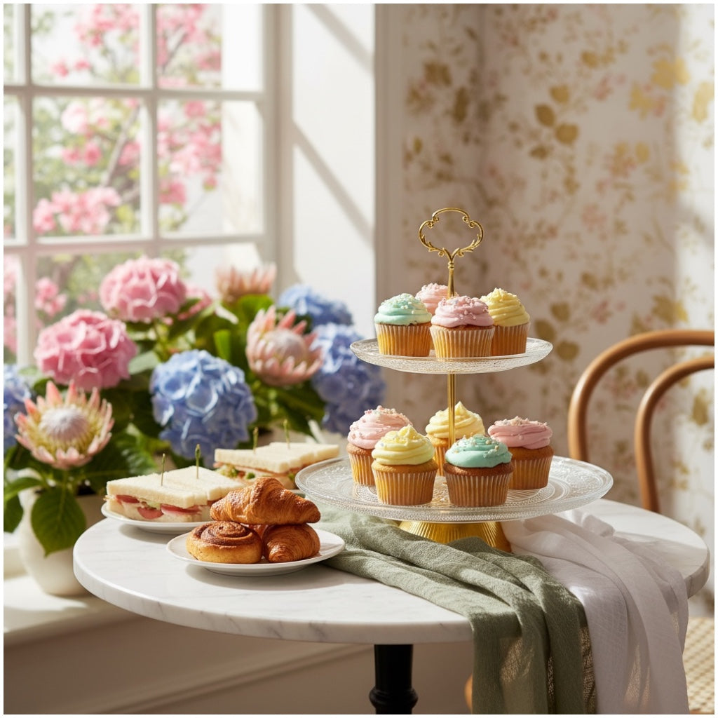 Luxury Gold 2 Tier Glass Cake Stand- Modern Dessert Display 28cm