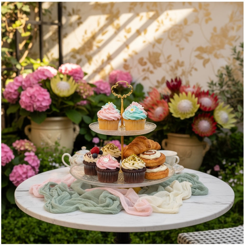 Luxury Gold 2 Tier Glass Cake Stand- Modern Dessert Display 28cm