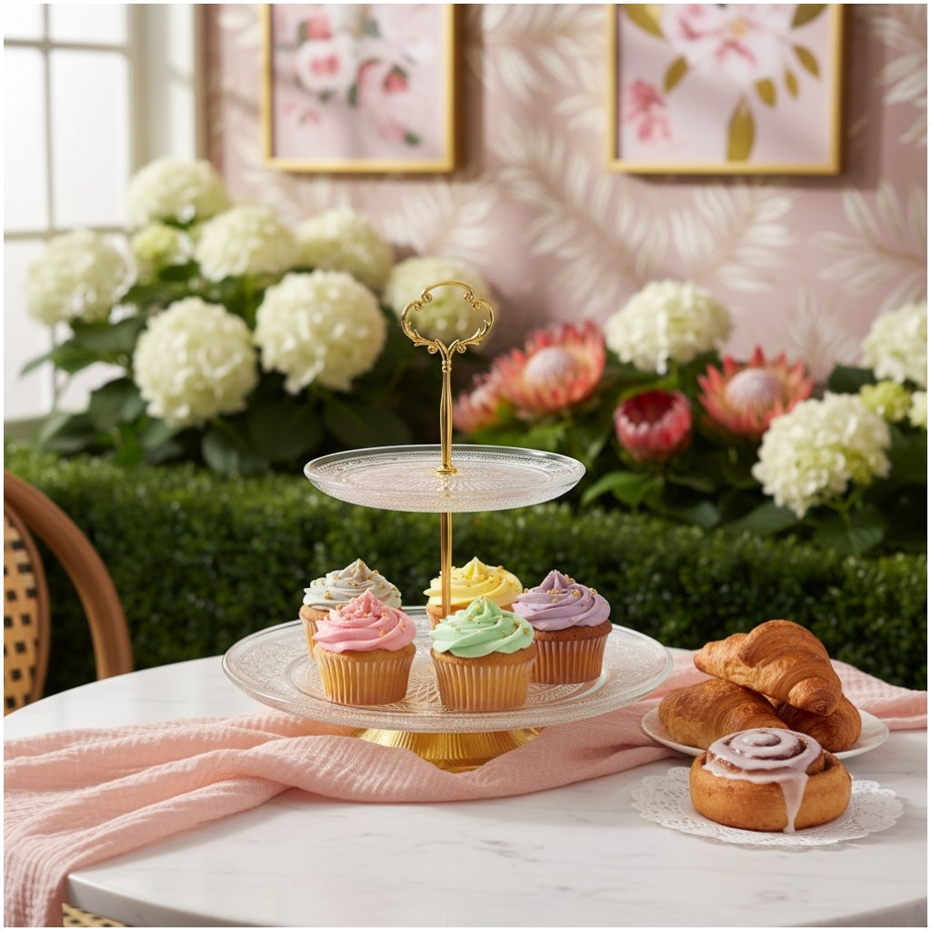 Luxury Gold 2 Tier Glass Cake Stand- Modern Dessert Display 28cm