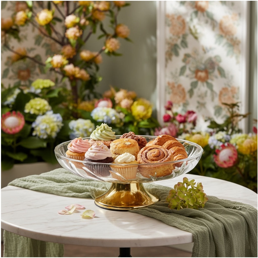 Luxury Glass Pedestal Serving Bowl with Gold Base – 24.5cm Dessert Stand