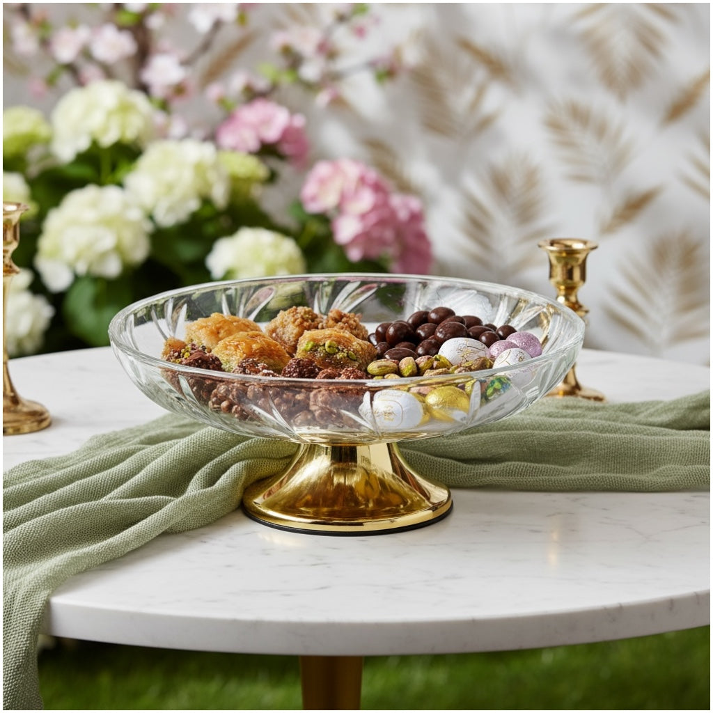 Luxury Glass Pedestal Serving Bowl with Gold Base – 24.5cm Dessert Stand