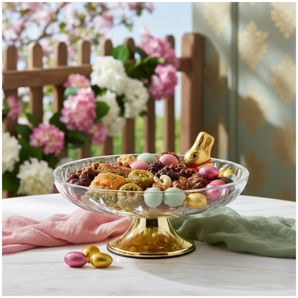 Luxury Glass Pedestal Serving Bowl with Gold Base – 24.5cm Dessert Stand