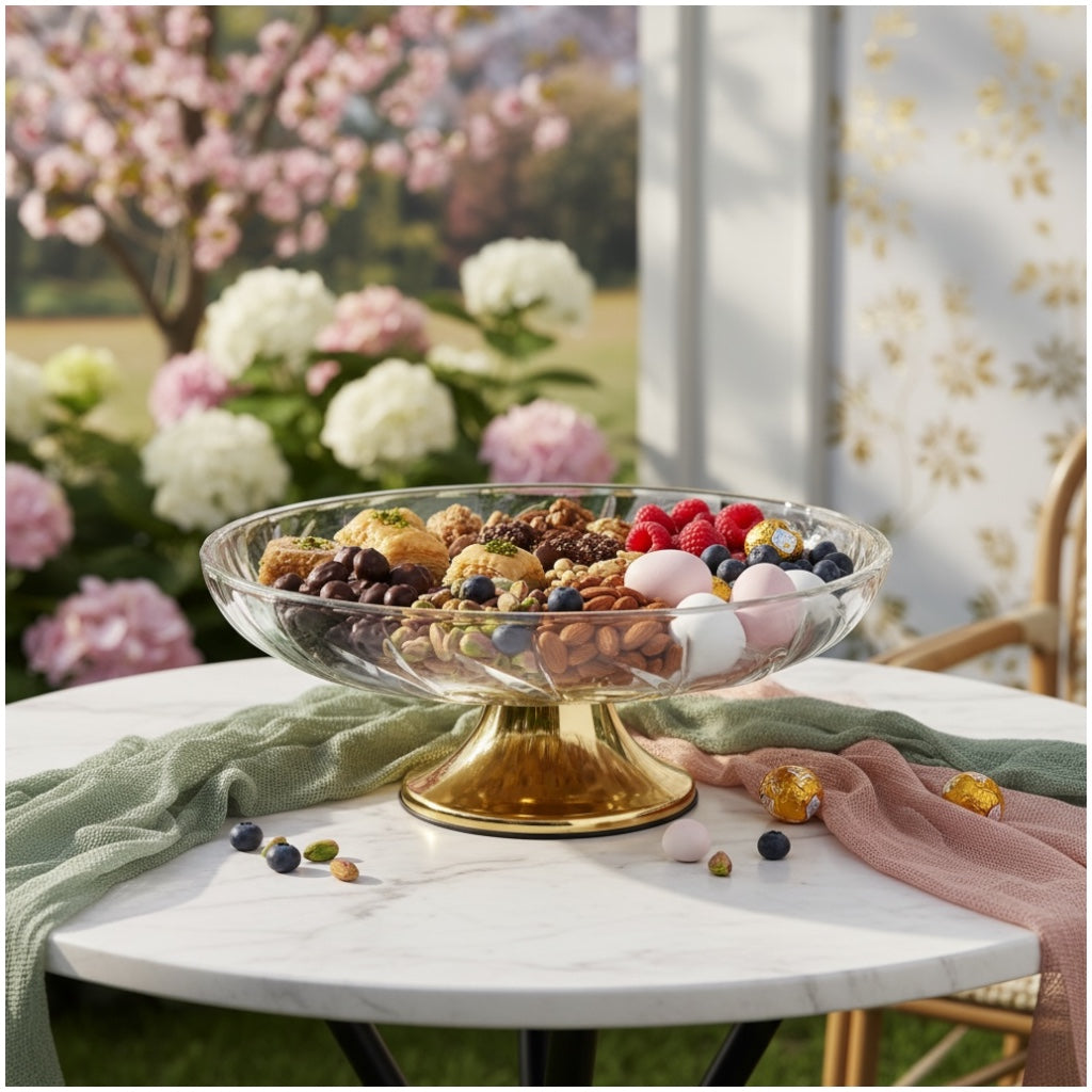 Luxury Glass Pedestal Serving Bowl with Gold Base – 24.5cm Dessert Stand