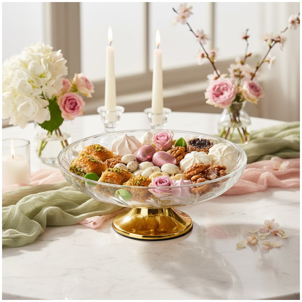 Luxury Glass Pedestal Serving Bowl with Gold Base – 24.5cm Dessert Stand