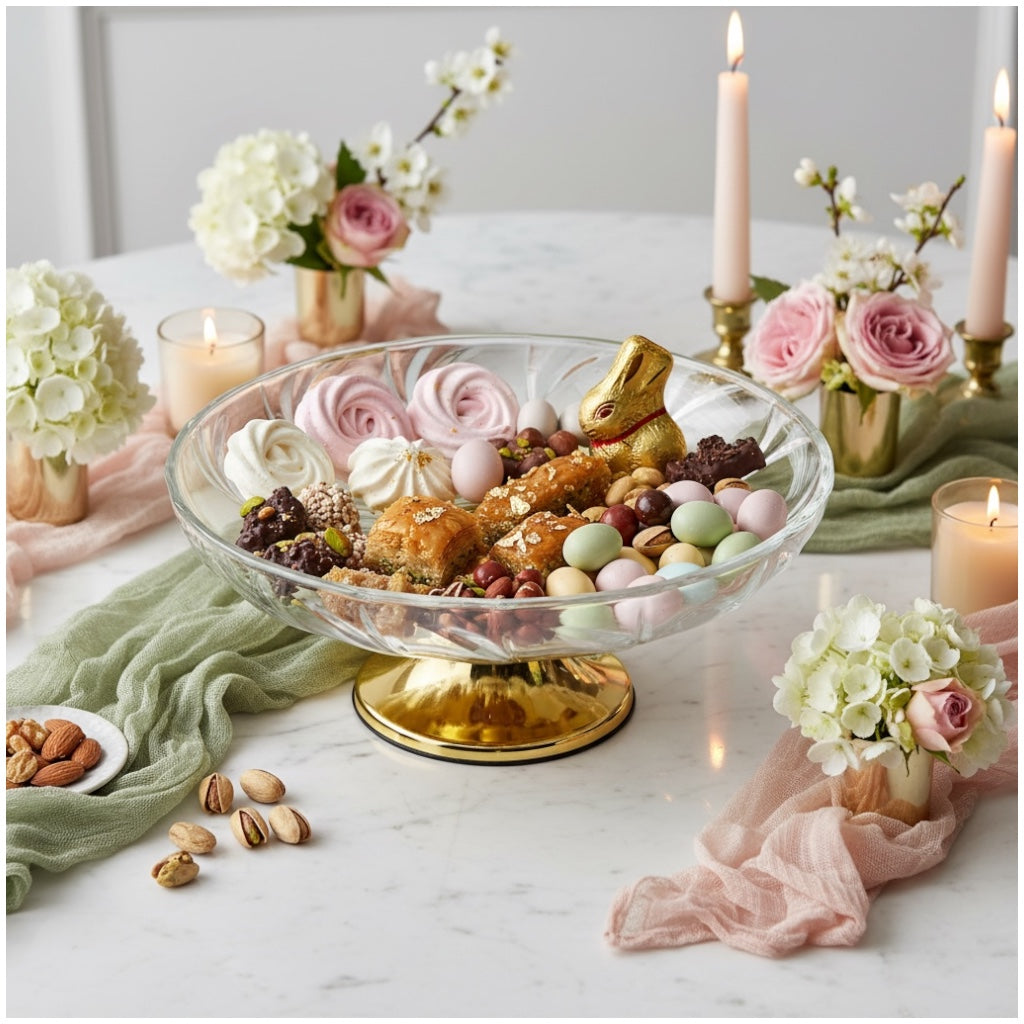 Luxury Glass Pedestal Serving Bowl with Gold Base – 24.5cm Dessert Stand