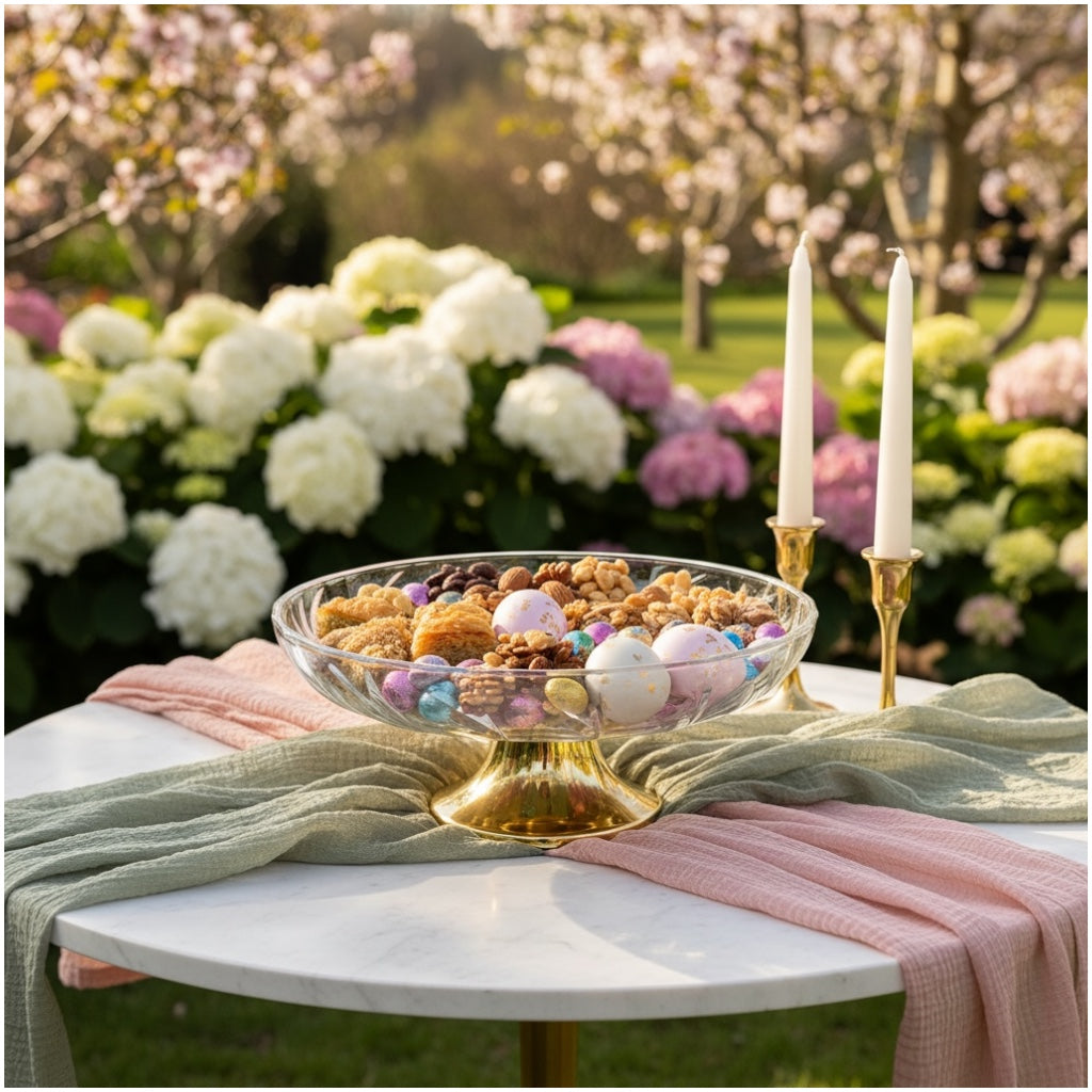 Luxury Glass Pedestal Serving Bowl with Gold Base – 24.5cm Dessert Stand