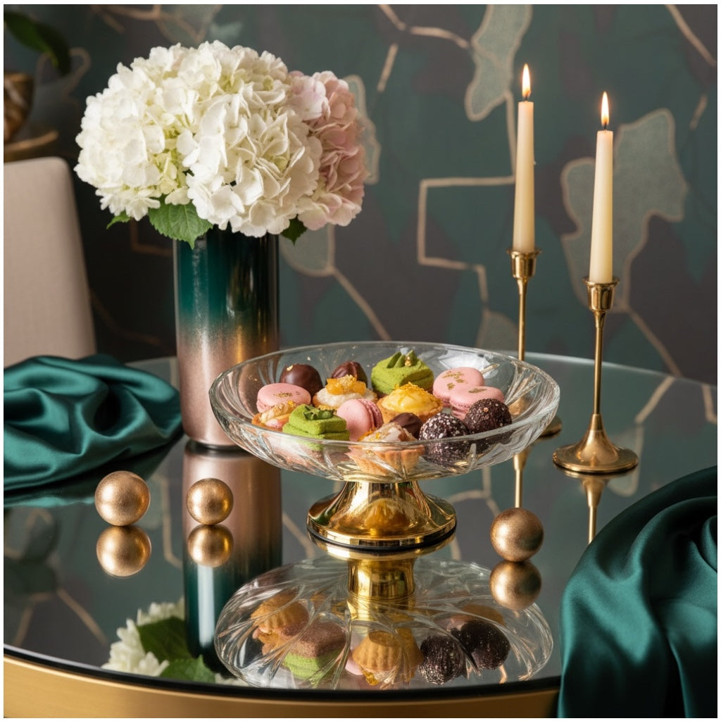 Luxury Glass Pedestal Serving Bowl with Gold Base – 24.5cm Dessert Stand