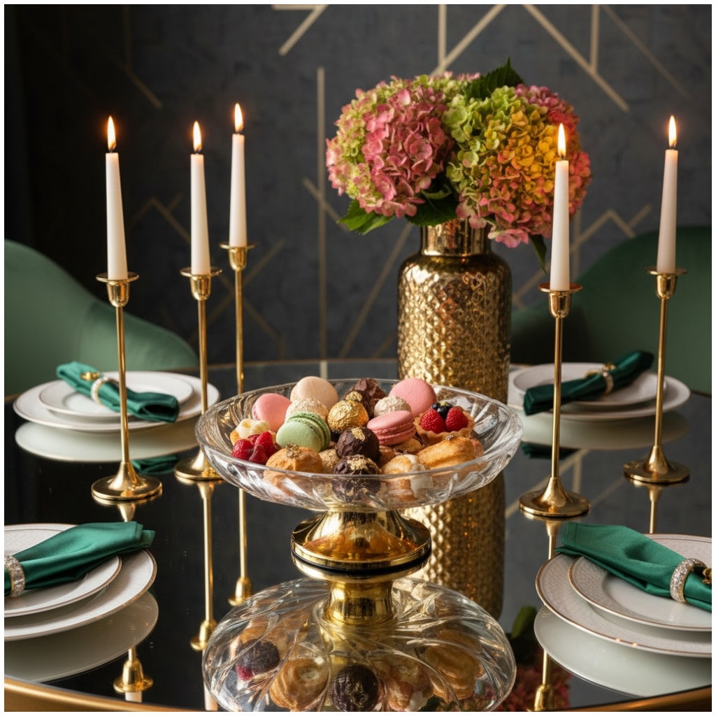 Luxury Glass Pedestal Serving Bowl with Gold Base – 24.5cm Dessert Stand
