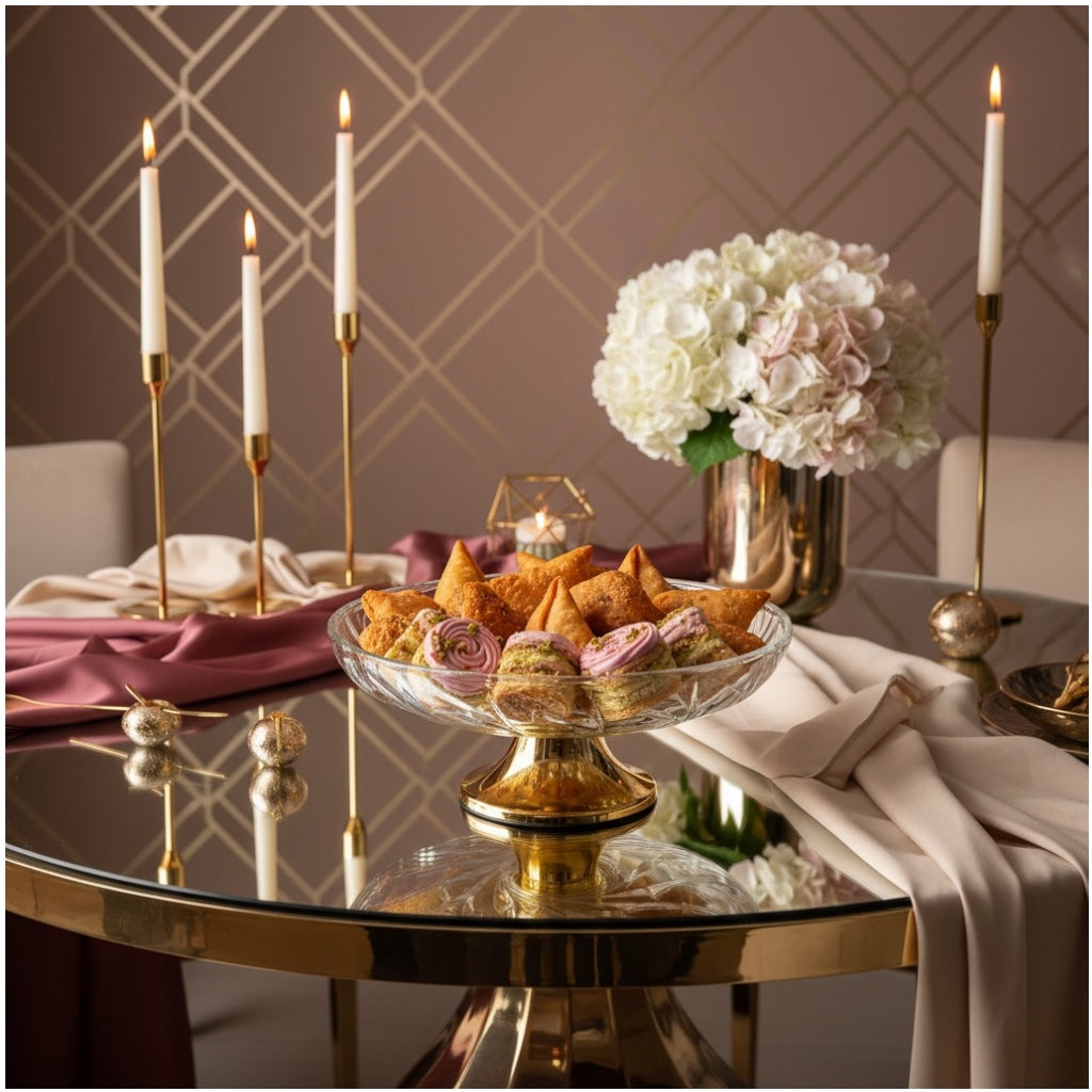 Luxury Glass Pedestal Serving Bowl with Gold Base – 24.5cm Dessert Stand