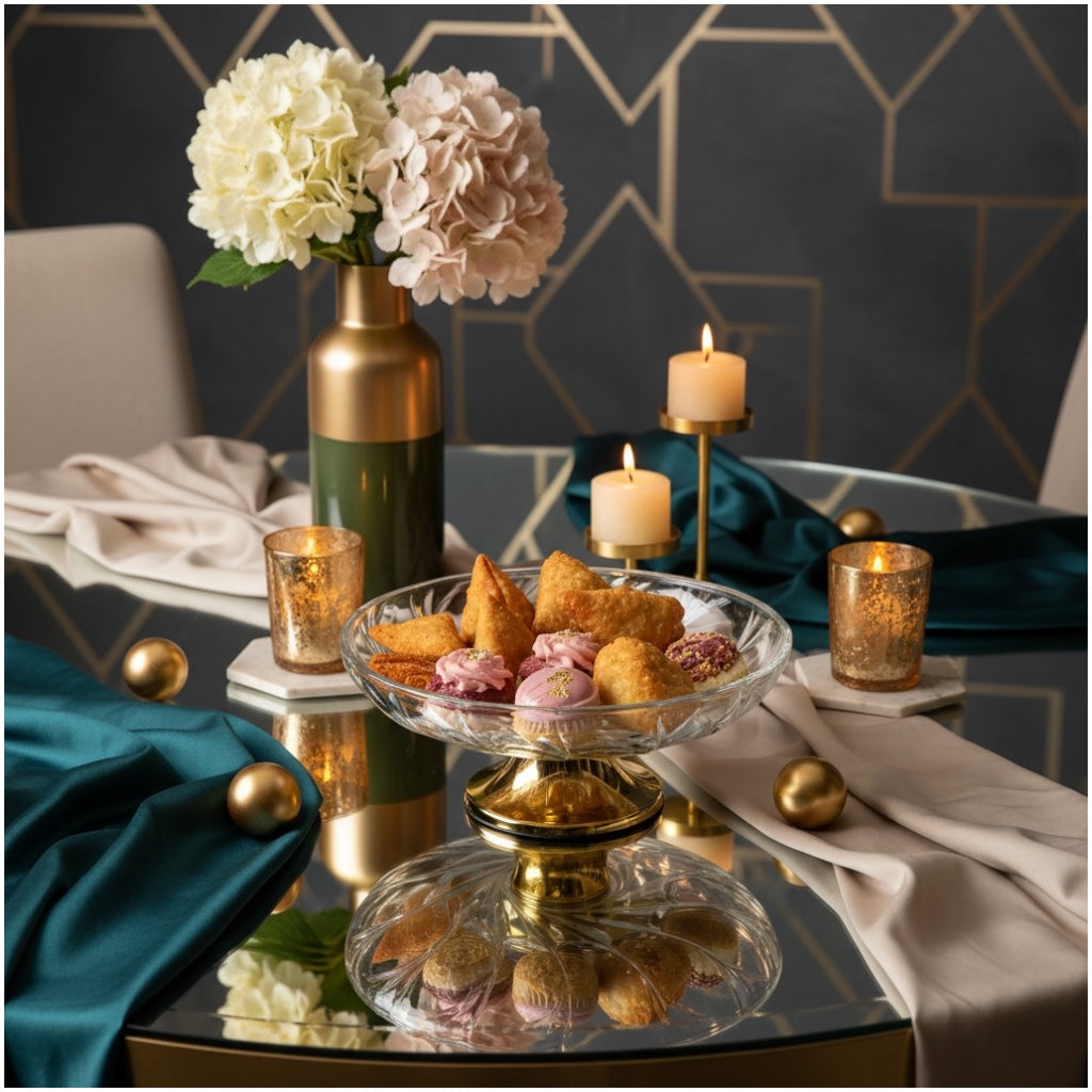 Luxury Glass Pedestal Serving Bowl with Gold Base – 24.5cm Dessert Stand