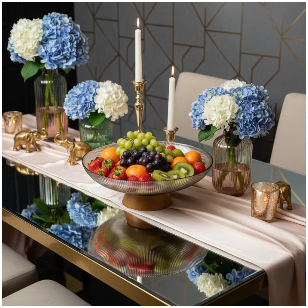 Luxury Ribbed Glass Serving Bowl with Wooden Base – 25cm Modern Fruit Bowl