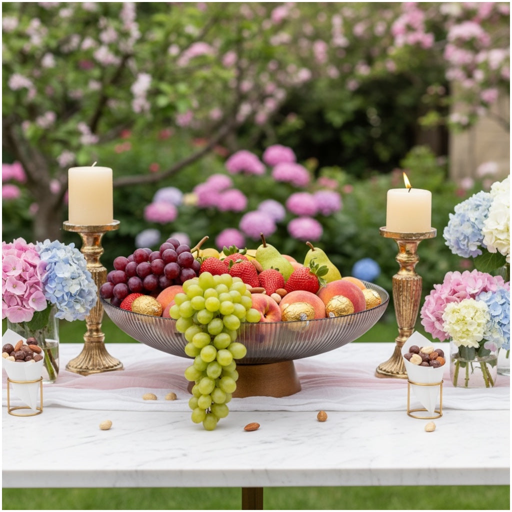 Luxury Ribbed Glass Serving Bowl with Wooden Base – 25cm Modern Fruit Bowl