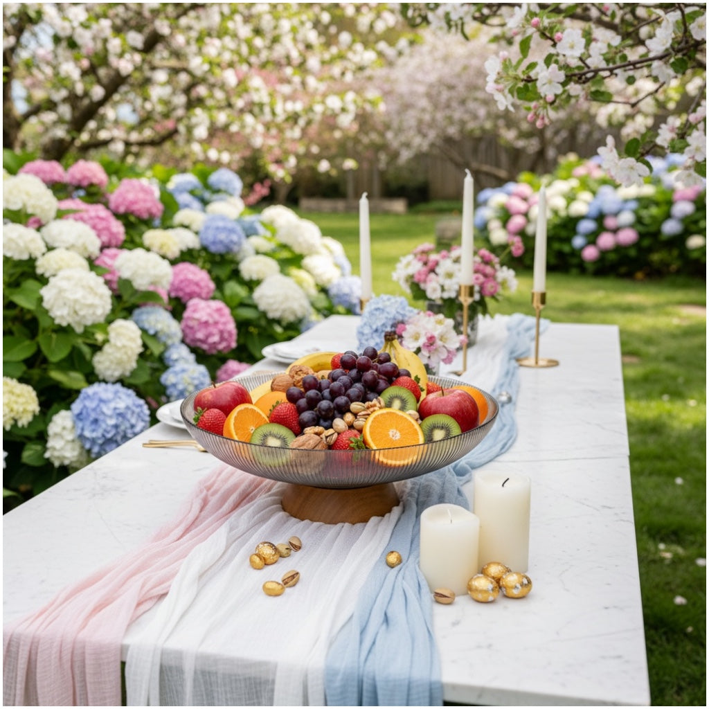 Luxury Ribbed Glass Serving Bowl with Wooden Base – 25cm Modern Fruit Bowl