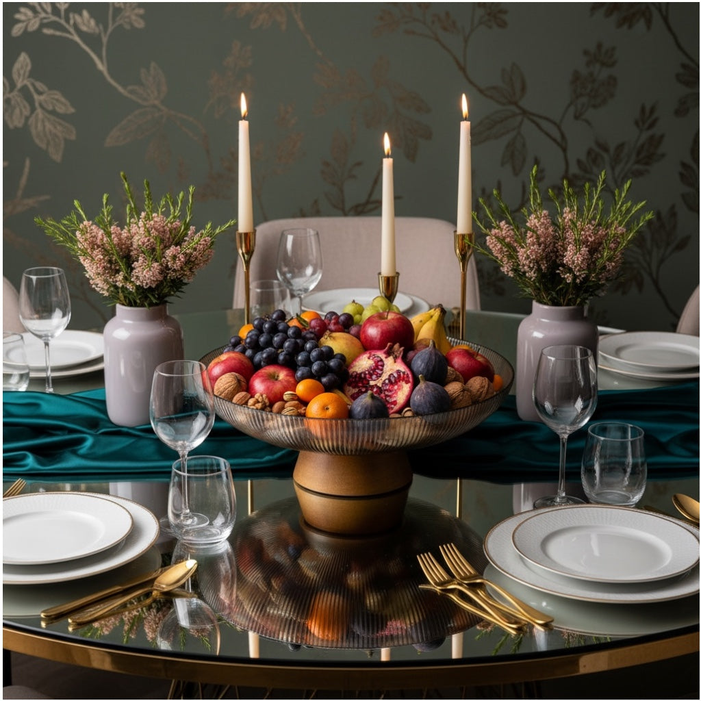 Luxury Ribbed Glass Serving Bowl with Wooden Base – 25cm Modern Fruit Bowl
